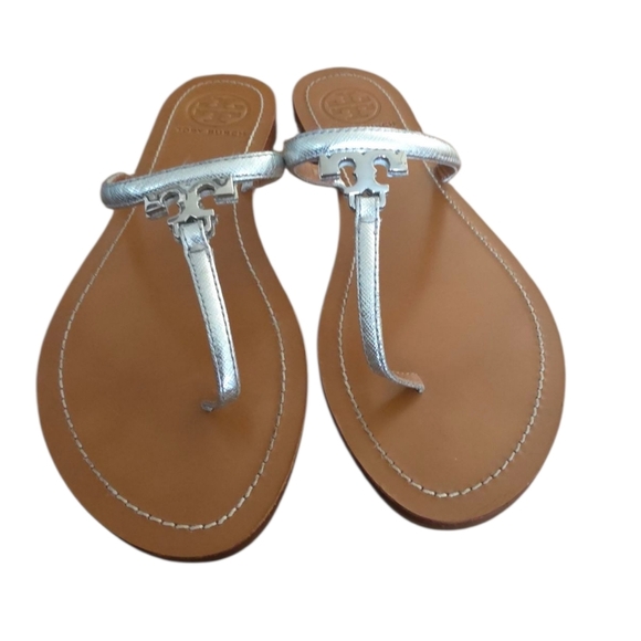 Tory Burch Silver Metallic Leather Strap T Logo Thong 7.5 - Picture 15 of 16